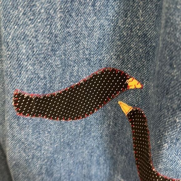 Vintage Sunbelt Embroidered Patch Watermelon Sunflower Crow Long Denim Jacket - Picture 11 of 11